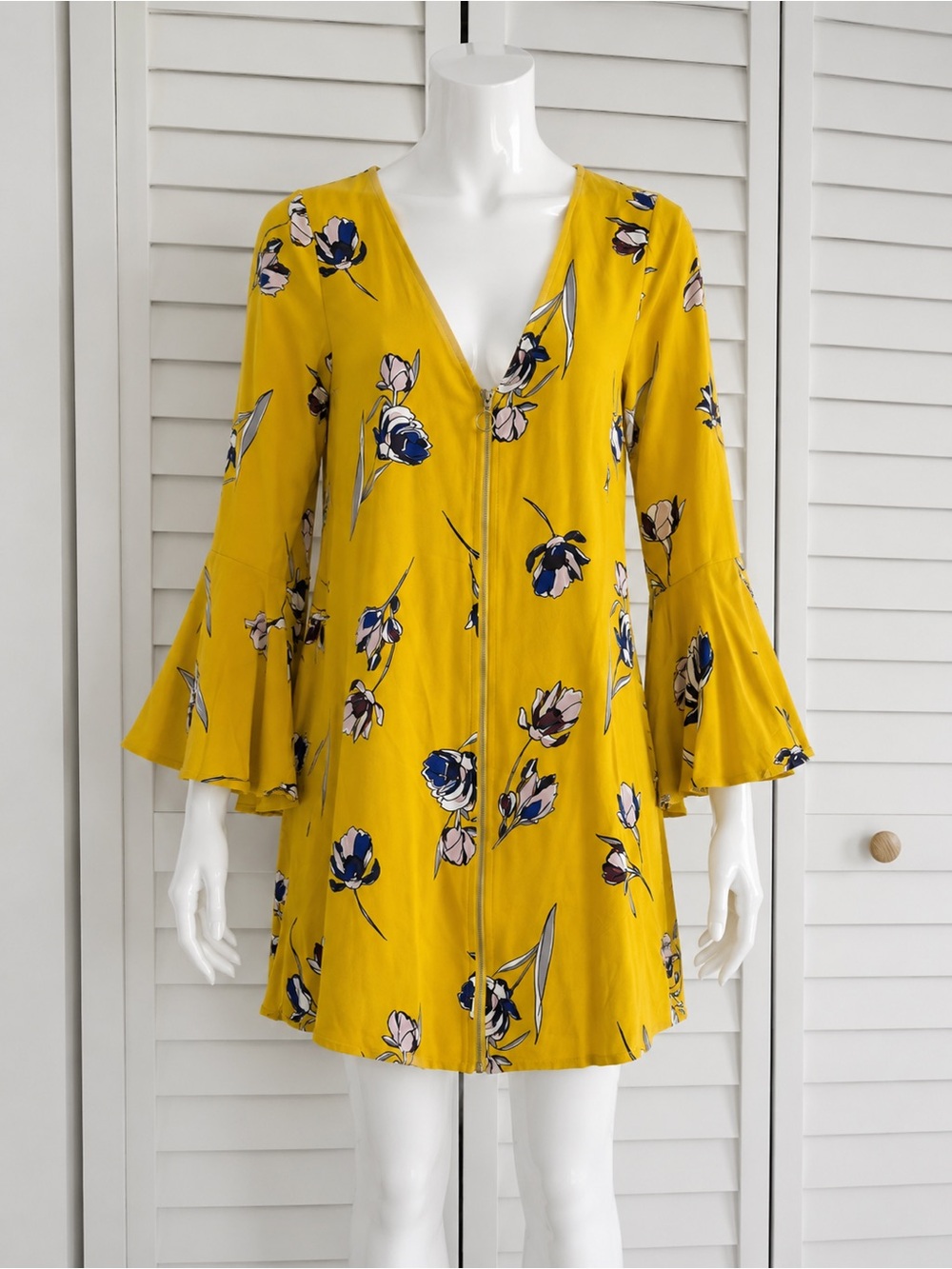JustFab Yellow Floral Bell-Sleeve Mini Dress